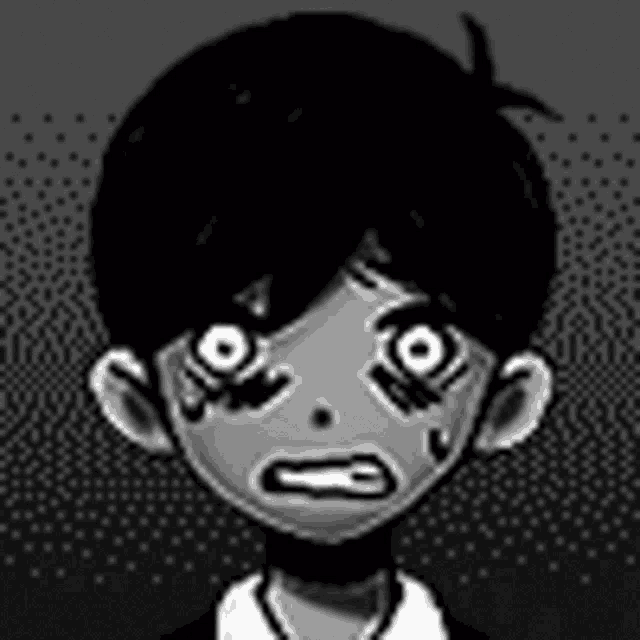 a black and white drawing of a boy with his eyes closed and a sad look on his face .