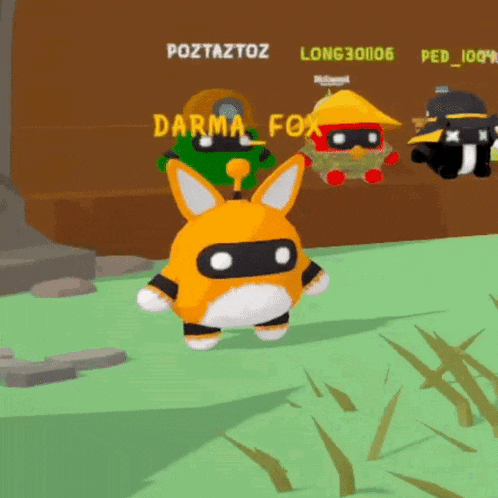 a cartoon character named darma fox is standing in a field