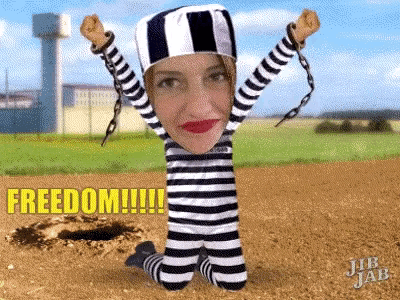 a cartoon of a woman in a prisoner costume with the words freedom written on the bottom