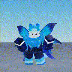 a cartoon character with blue wings and a white face is standing on a gray surface .