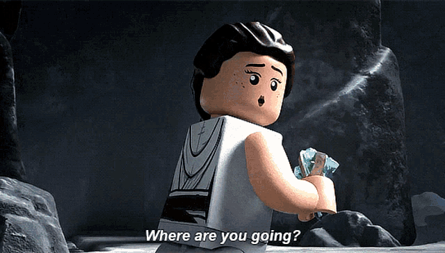 a lego character asks where are you going in a cave