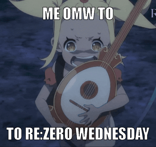 a girl is holding a banjo with the caption " me omw to to re:zero wednesday "