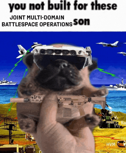 a picture of a pug holding a gun with the words you not built for these joint multi-domain battlespace operations son
