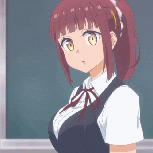 a girl with red hair and yellow eyes is wearing a black vest and white shirt