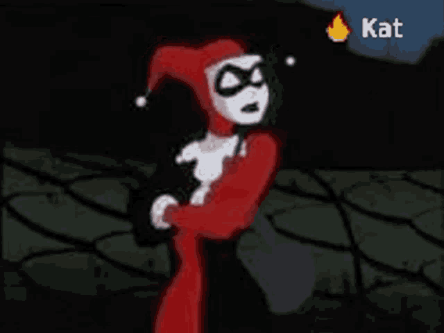 a cartoon of harley quinn is holding a cat in her arms