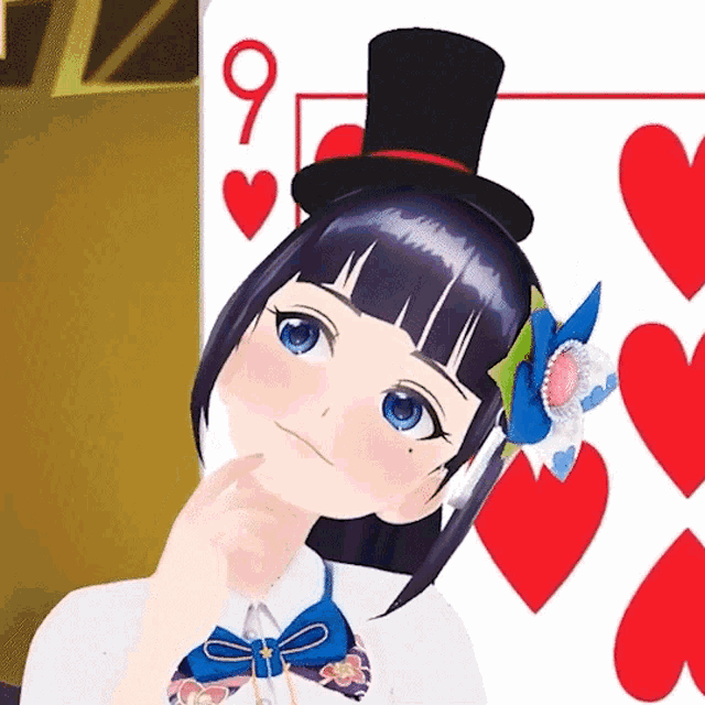 a girl wearing a top hat is standing in front of a card that says 9