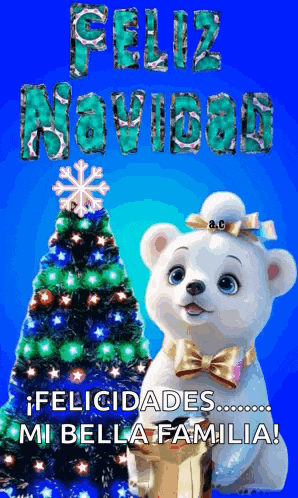 a christmas card with a white teddy bear and a christmas tree