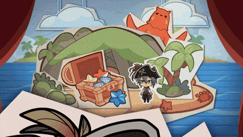 a cartoon drawing of a treasure chest and a pirate