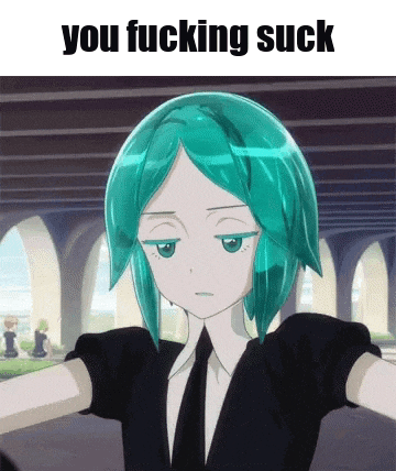 a cartoon girl with green hair and a black shirt and tie says you fucking suck