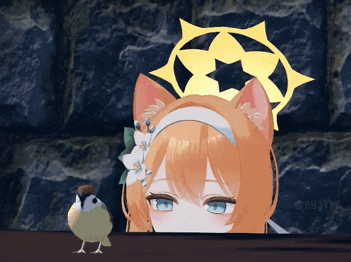 a drawing of a girl with a bird standing next to her with the watermark gbb12 on the bottom