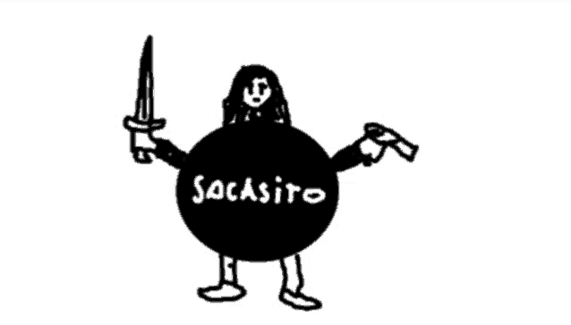 a black and white drawing of a man holding a sword and a gun with the word sacasito written on it
