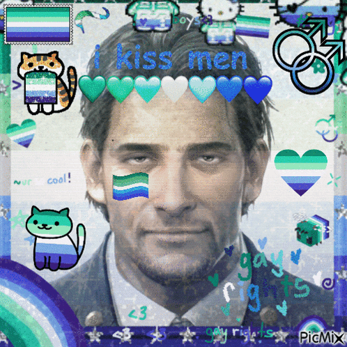 a man 's face is surrounded by hearts and the words kiss men