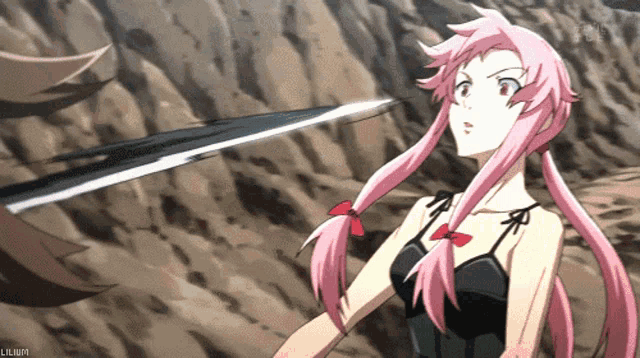 a girl with pink hair is holding a sword and the word lilium is on the bottom left