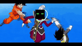 a group of cartoon characters are fighting each other in a blue background