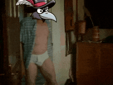 a cartoon drawing of a man in underwear with a bird on his head