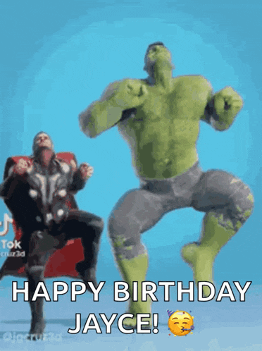 the hulk and thor are dancing together and saying happy birthday jayce !