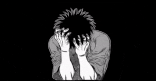 a black and white drawing of a man covering his face .
