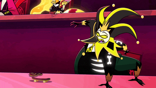 a cartoon drawing of a jester with a skateboard on the floor