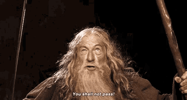 a man with a beard is holding a sword and saying `` you shall not pass ! ''