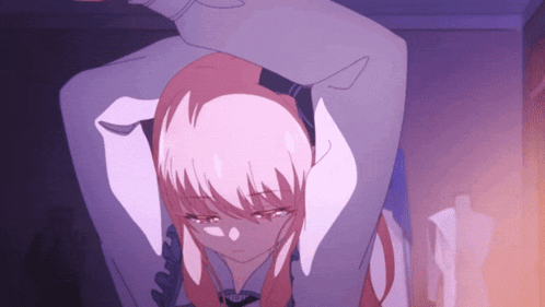 a girl with pink hair is being held by a man in a white suit