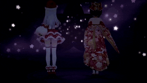 two anime girls wearing santa hats are standing next to each other in a dark room