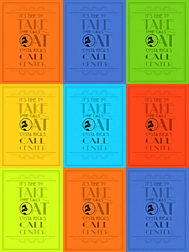 a collection of colorful posters that say it 's time to take oat at costa rica 's call center