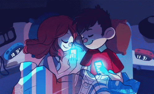 a cartoon of a boy and a girl sleeping with their phones on