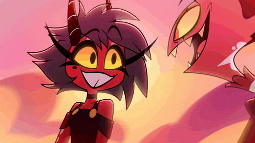 a cartoon character with horns is smiling and looking at another character