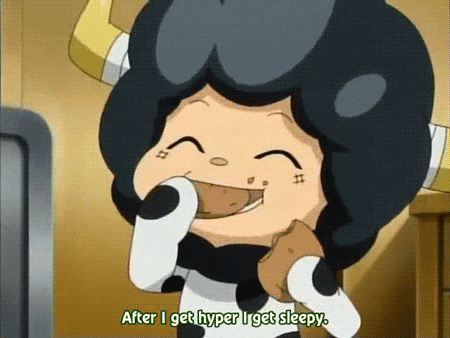 a cartoon character says " after i get hyper i get sleepy " while eating