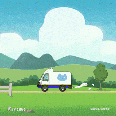 a cartoon illustration of a milk chug truck driving down a road