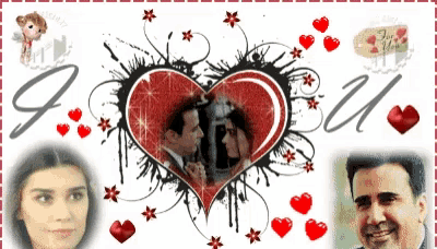 a picture of a man and woman surrounded by hearts and the words " i love u "