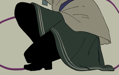 a drawing of a person kneeling down with a purple circle in the background