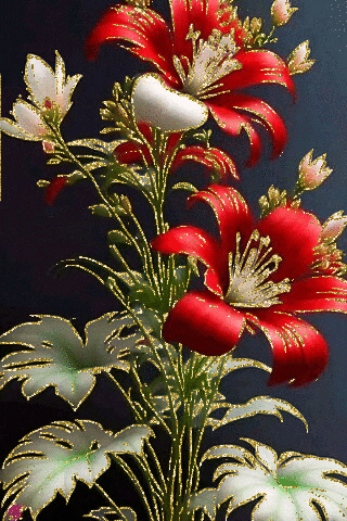 a bunch of red and white flowers with green leaves