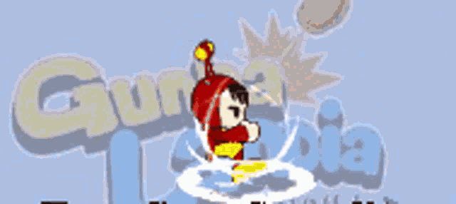 a cartoon character is surrounded by bubbles in front of a sign that says gunnia