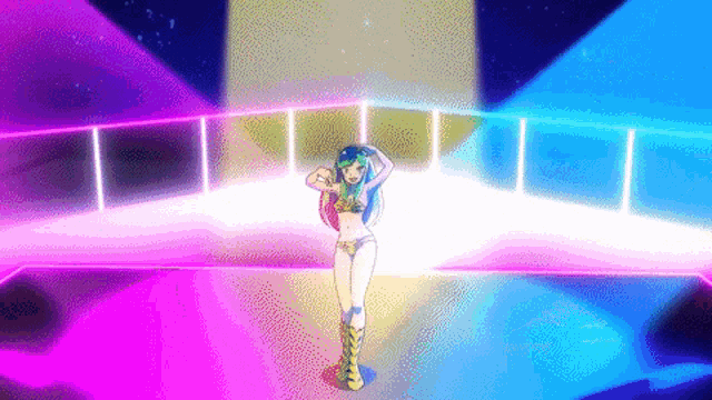 a woman in a bikini is dancing on a stage with neon lights behind her