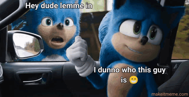 a picture of sonic the hedgehog in a car with the caption hey dude lemme in