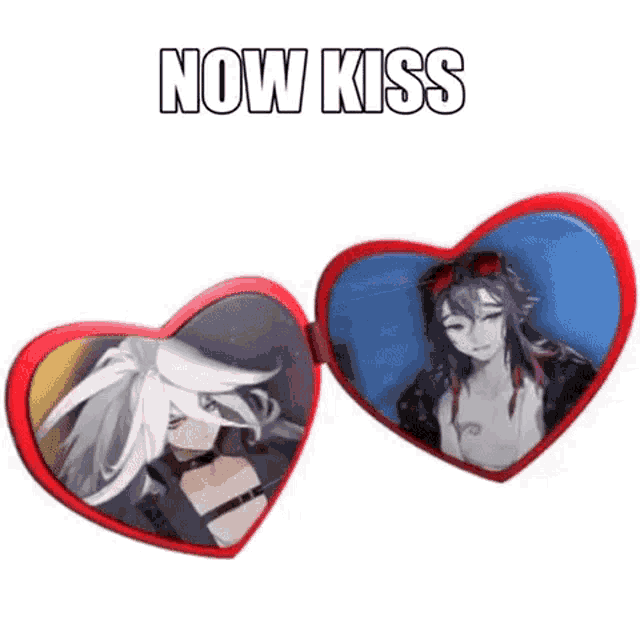 a pair of heart shaped sunglasses with the words now kiss written on the bottom