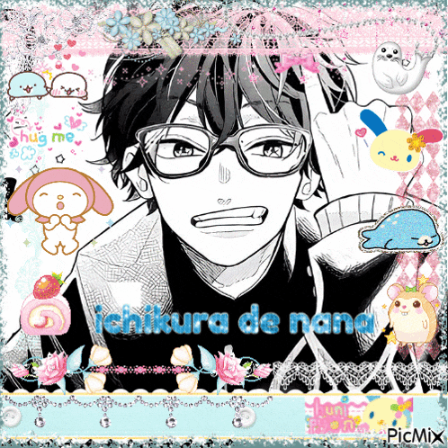 a black and white drawing of a boy with glasses and the words ichikura de nana
