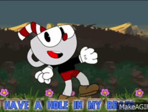 a cartoon character with a red and white striped hat and the words have a hole in my brain below him