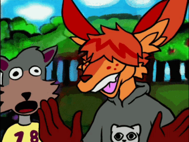 a cartoon drawing of a wolf and a fox with the number 18 on their shirt