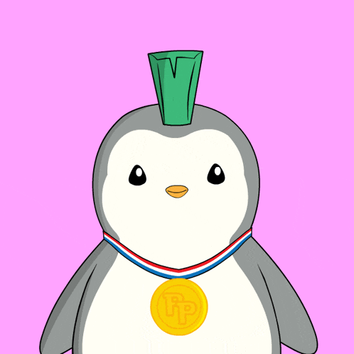 a cartoon penguin wearing a gold medal with the letter pp on it