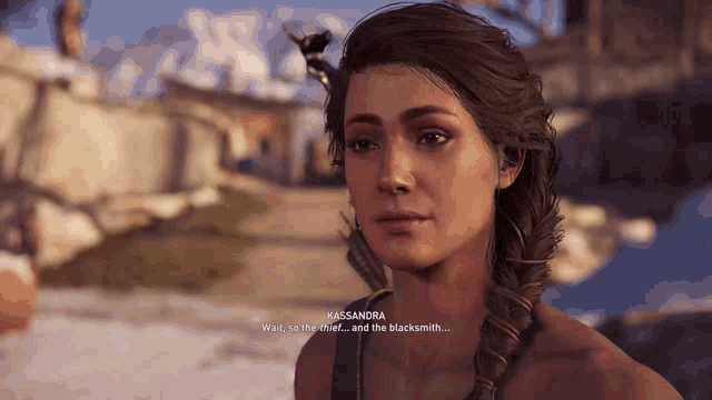 a woman in a video game is talking to a blacksmith
