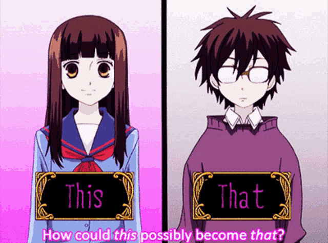 a girl and a boy standing next to each other with a sign that says this and that