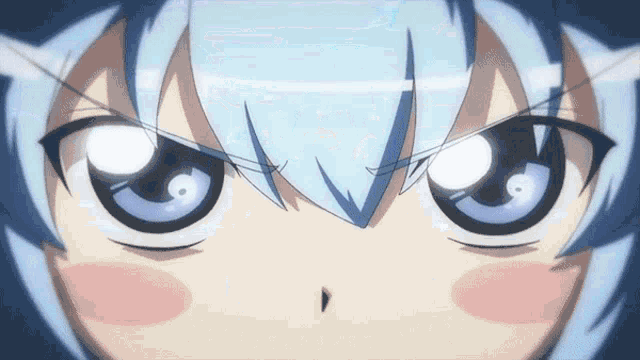 a close up of a girl 's face with blue hair and white eyes