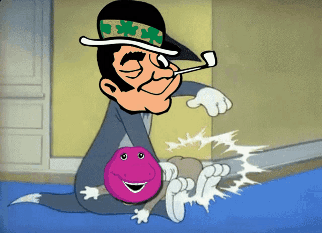 a cartoon of a man smoking a pipe while holding a pink barney