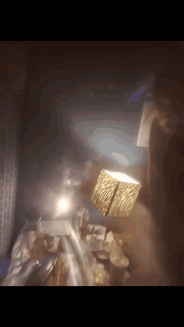 a lamp with a zebra print shade sits on a table in a dark room