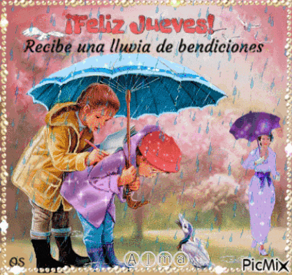 a picture of a boy and girl under an umbrella with feliz jueves in red letters