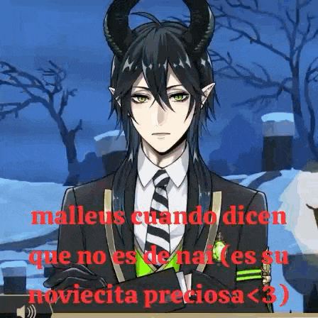 a man with horns is wearing a suit and tie and is talking to someone .