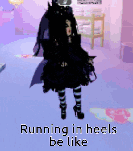 a girl in a black dress and striped socks is running in heels .