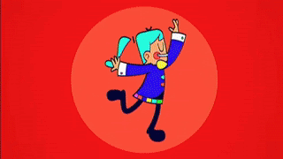a cartoon character is dancing in a circle with a colorful background